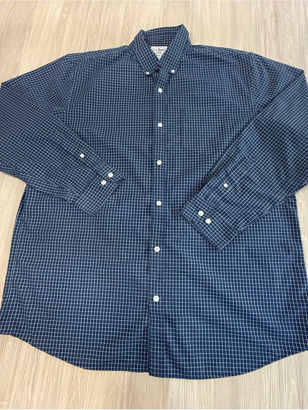 L.L. Bean Navy Blue Windowpane Button-Down Shirt. Size Large